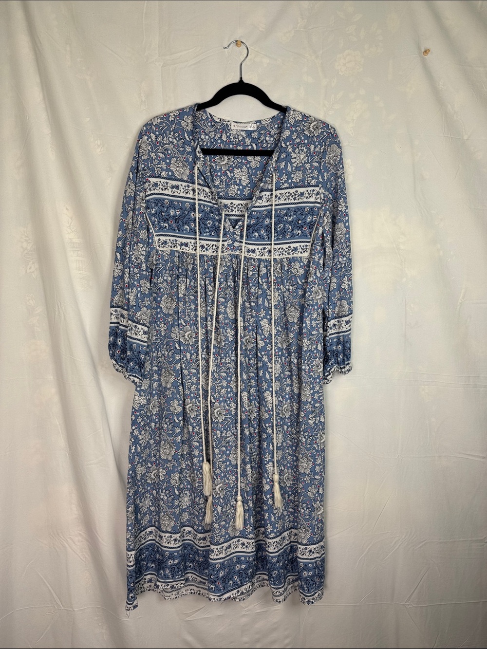 Dusty Blue Floral Long Sleeve Boho Midi Dress with Tassel Ties